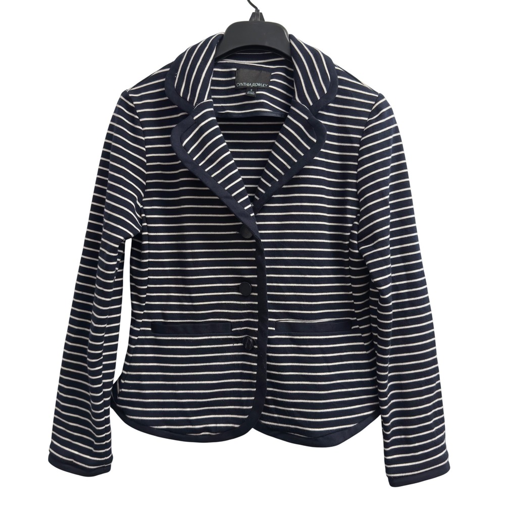 Cynthia Rowley Womens Navy White Striped Knit Blazer Jacket Size S Pockets